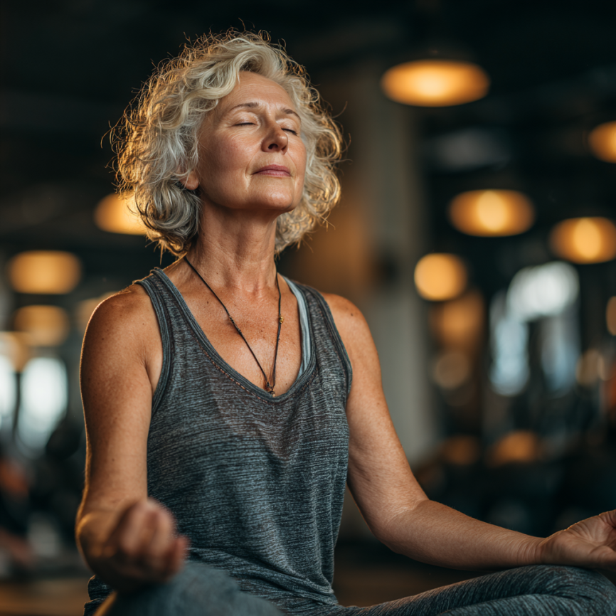 Літня жінка виконує йогу на природі