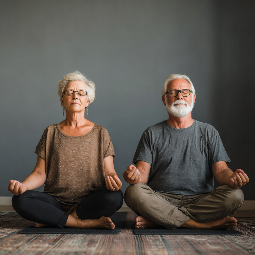 Літні люди займаються йогою в парку